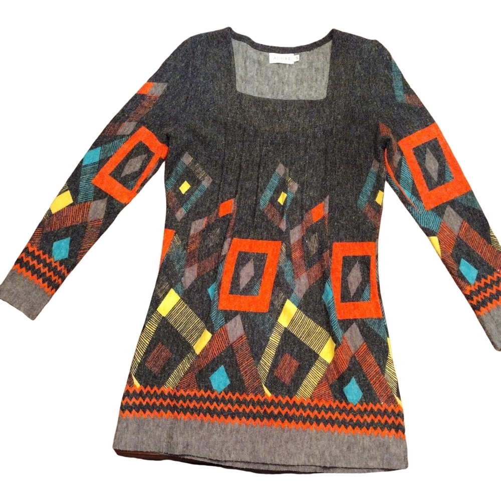 ADORE Sweater Dress, Size S, Dark Gray, Red, Blue, Yellow